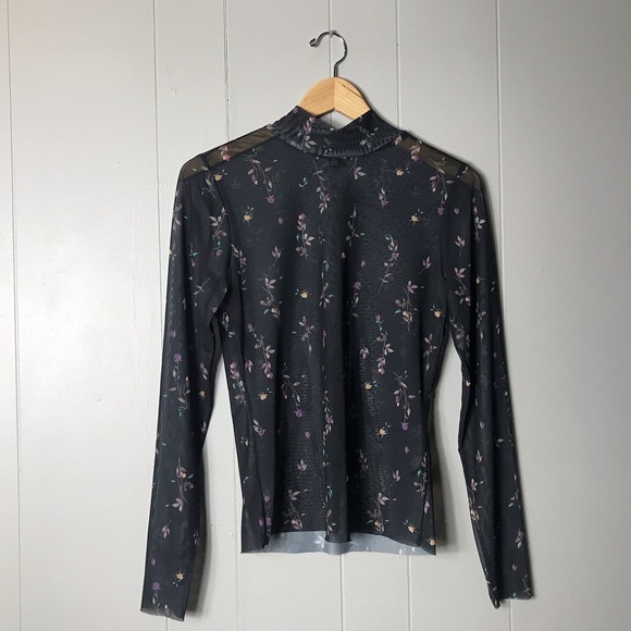 AFRM SHEER MESH BLACK FLORAL PATTERN MOCH TURTLENECK BLOUSE WOMENS SIZE LARGE - Picture 7 of 7